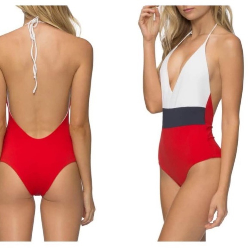 Tavik Chase Colorblock Swimsuit Red Blue White Halter Reversible
